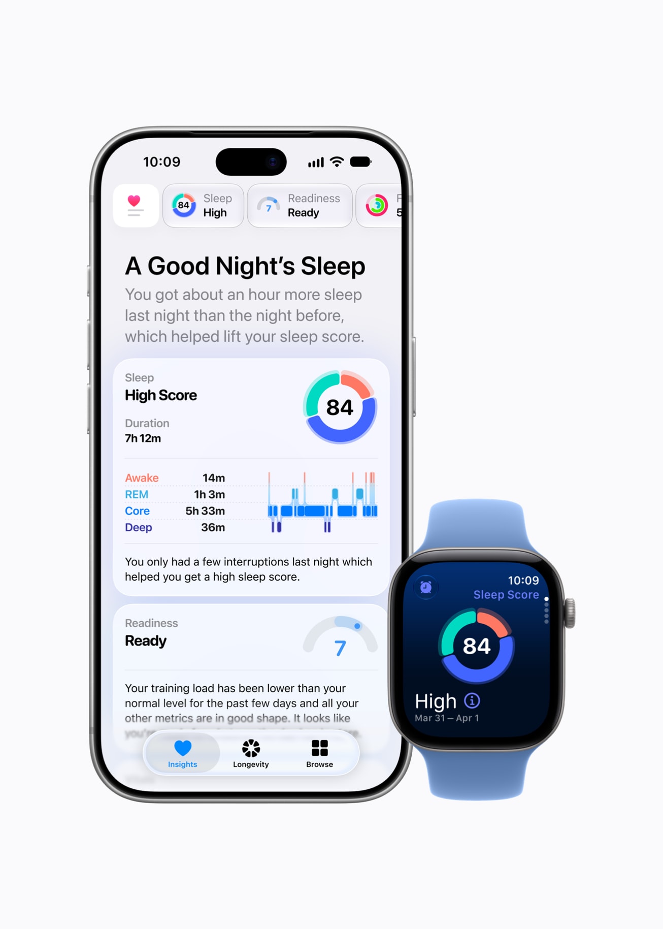 En la app Salud en un iPhone 18 Pro y un Apple Watch Series 12, la pantalla muestra la Puntuación de Sueño de un usuario.