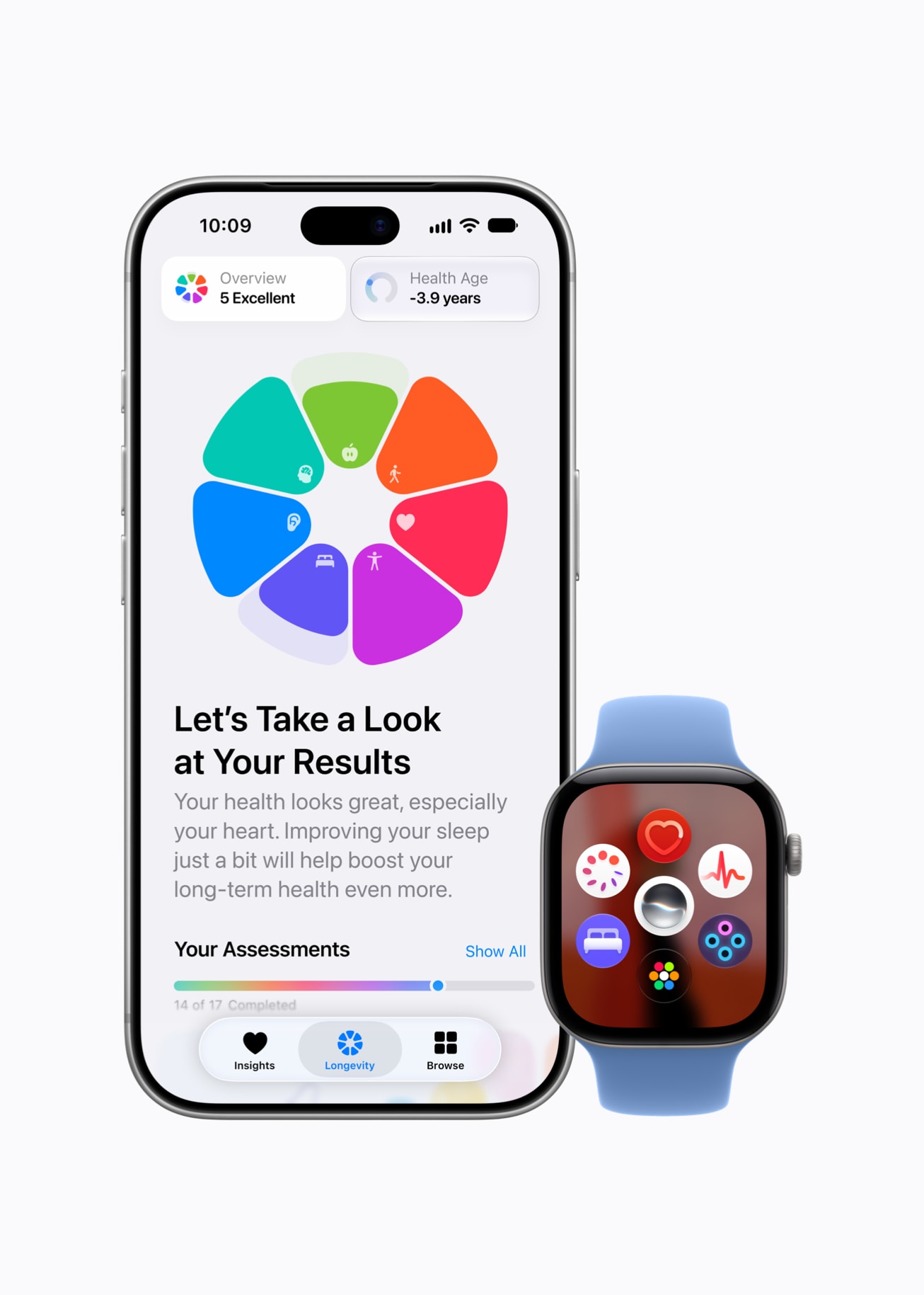 En la app Salud en un iPhone 18 Pro, la pantalla del teléfono de un usuario muestra el texto: “Let’s Take a Look at Your Results”. Su Apple Watch Series 12 está ubicado junto al teléfono.