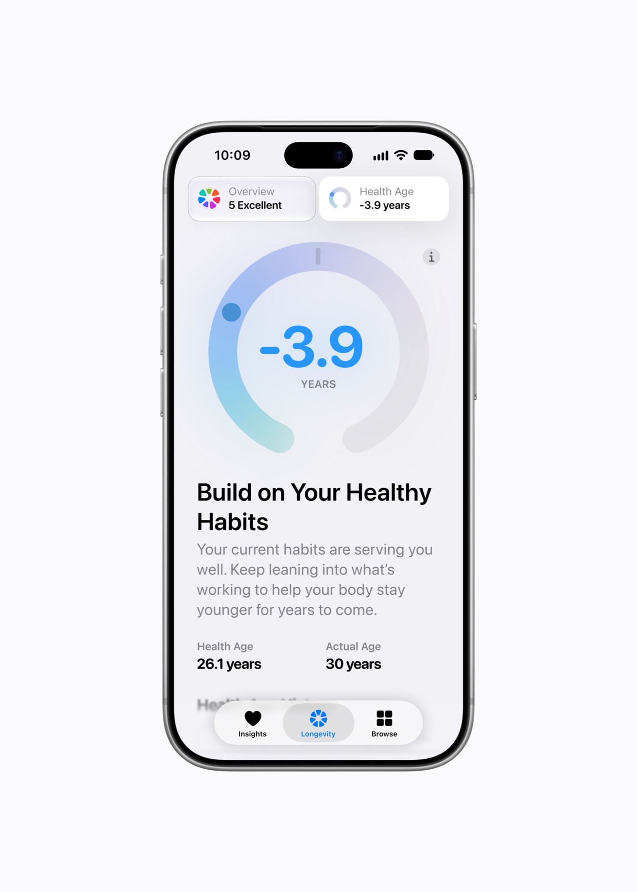 En la app Salud en un iPhone 18 Pro, la pantalla muestra el texto: “Build on Your Healthy Habits”.