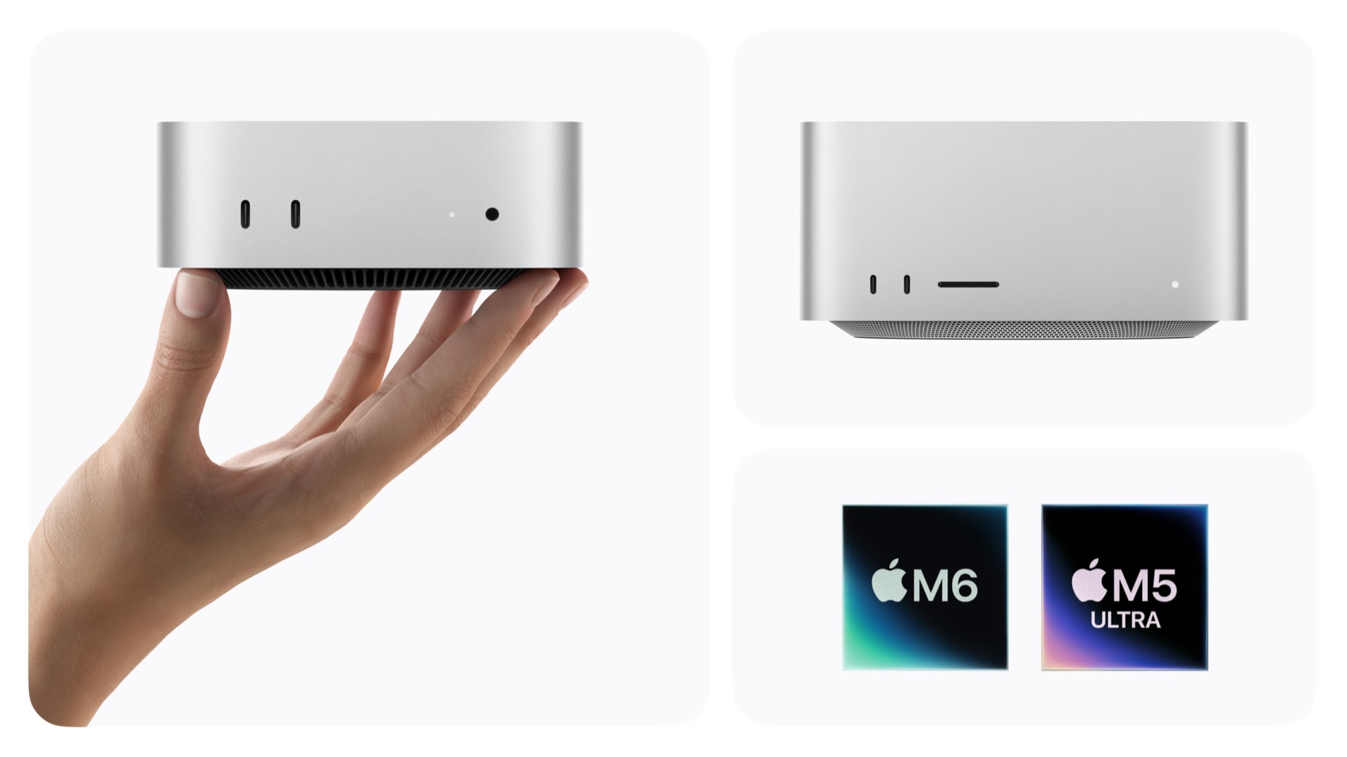 Eine Sammlung von Bildern zeigt die Hand einer Person, die einen Mac mini hochhält, ein weiteres zeigt den Mac Studio und ein drittes zeigt die Logos für M6 und M5 Ultra.
