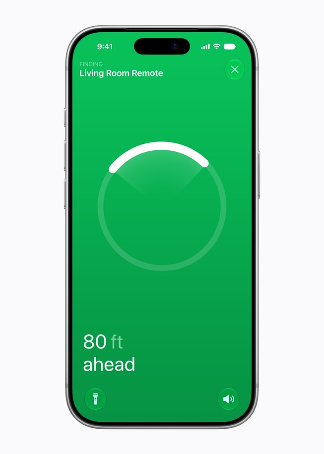 An iPhone 18 Pro screen shows Find My locating a Siri Remote, with the message “80 ft ahead.”