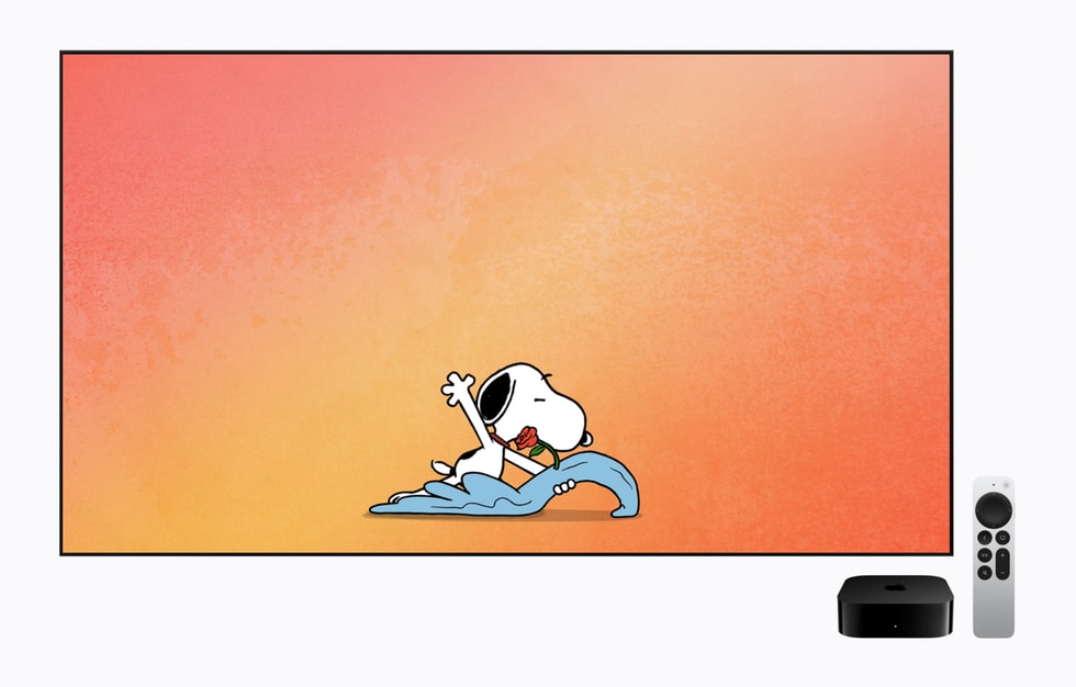 Apple TV 4K displays a Snoopy screen saver.