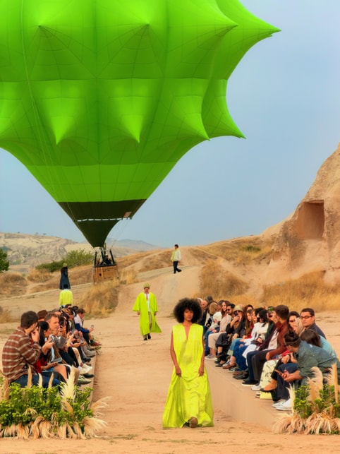 Models wearing Les Benjamins walk the runway with a green hot-air balloon in the background.