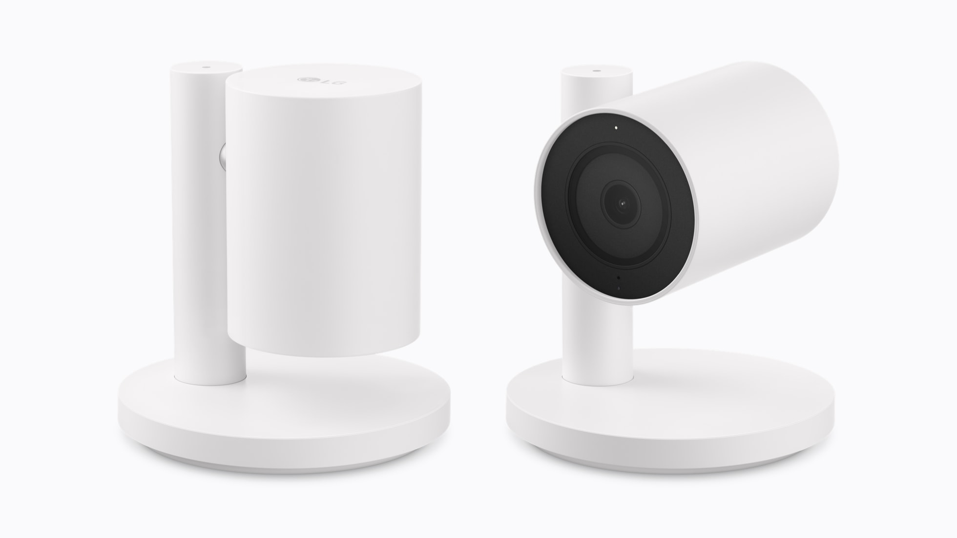 LG’s Indoor Cam is shown in Essence White in two positions, one tilted upward and one tilted downward.