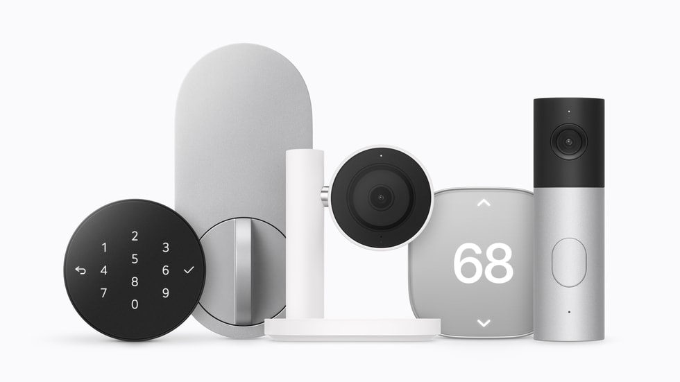 Produkter fra Apple Hjem-samlingen, herunder kameraer, termostater og en lås til det intelligente hjem.