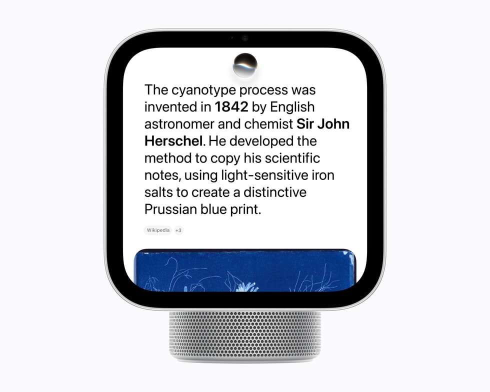 HomeView viser Siri AI, der giver en bruger oplysninger om cyanotypiprocessen.