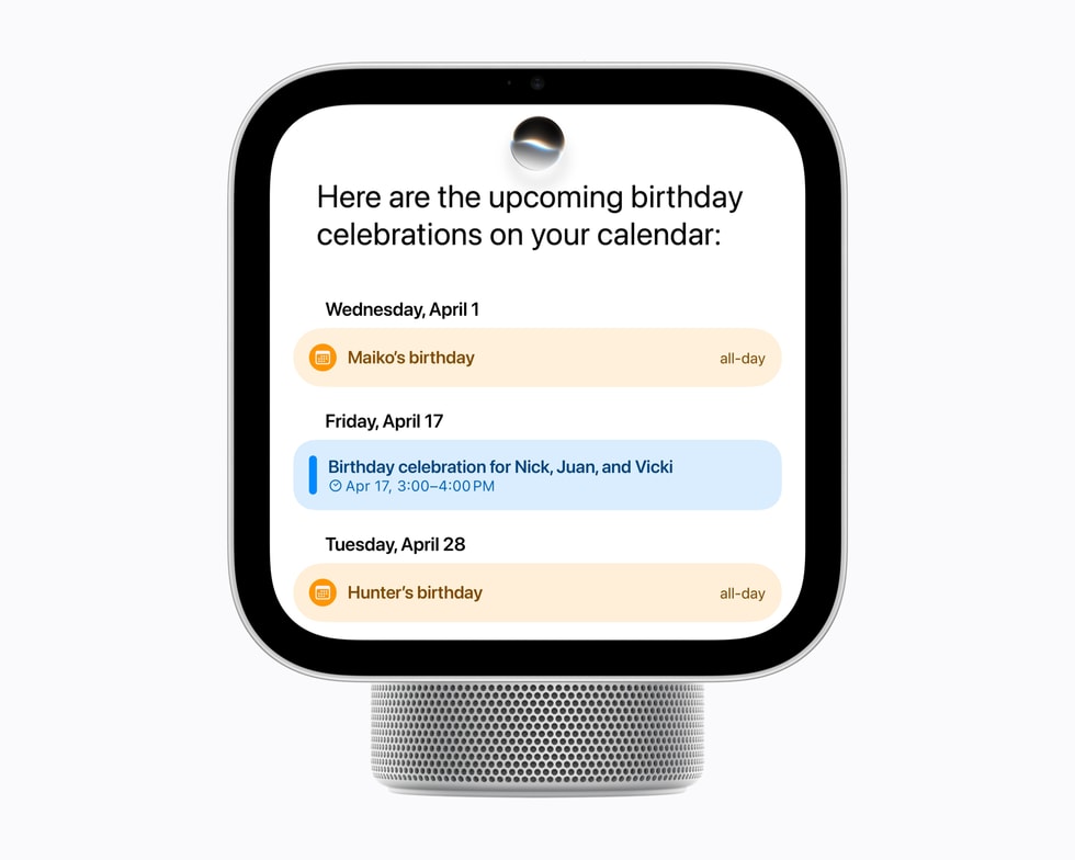 Siri AI viser oplysninger fra en brugers Kalender-app på HomeView.