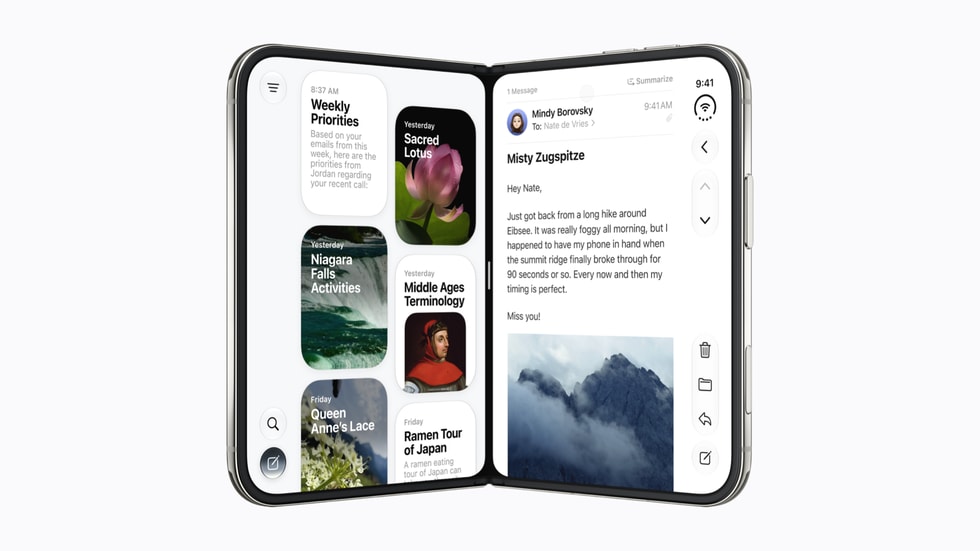 iPhone Duo utilises Split View to display Siri and Mail side by side.