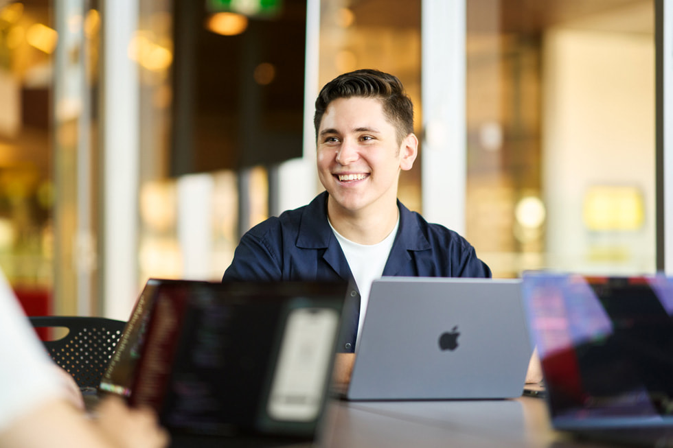 UTS student Jordan Pazdjara using a MacBook.