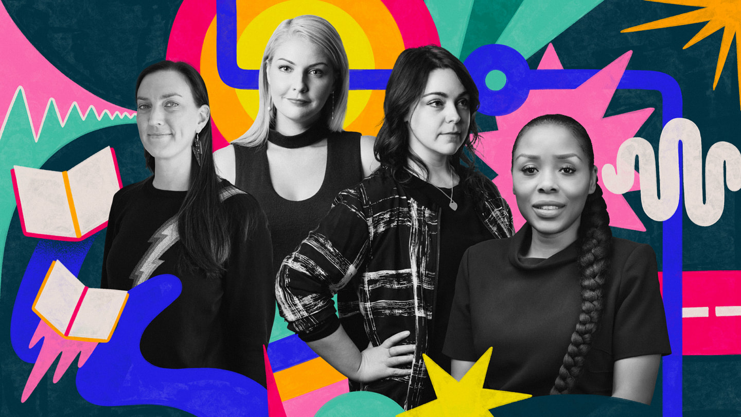 Fotocollage in Schwarz-Weiß mit Jes Wolfe von Rebel Girls, Chantelle Cole und Niamh Fitzgerald vom Dinosaur Polo Club und Dayo Akinrinade von Wisdom vor einem bunt illustrierten Hintergrund.