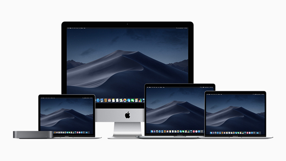 Mac-notebooks van diverse afmetingen naast de nieuwe spacegrijze Mac mini en een Mac-desktop.