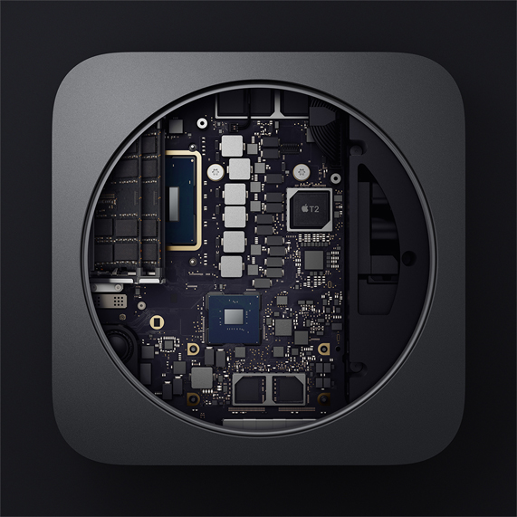 Foto van de onderdelen in de nieuwe Mac mini. 