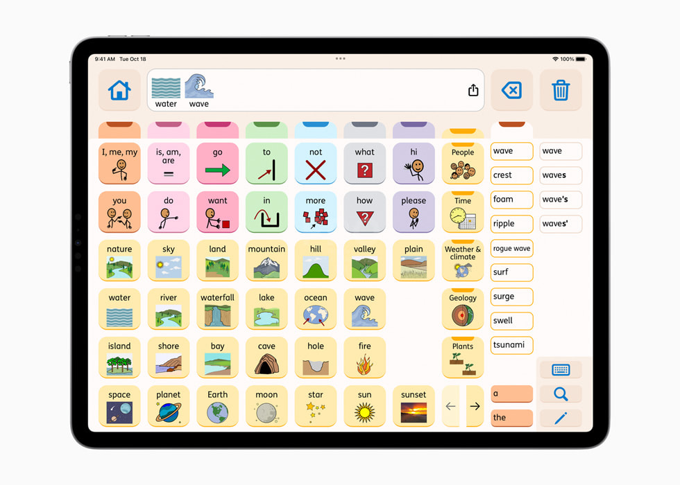 Proloquo-appens användargränssnitt på iPad.