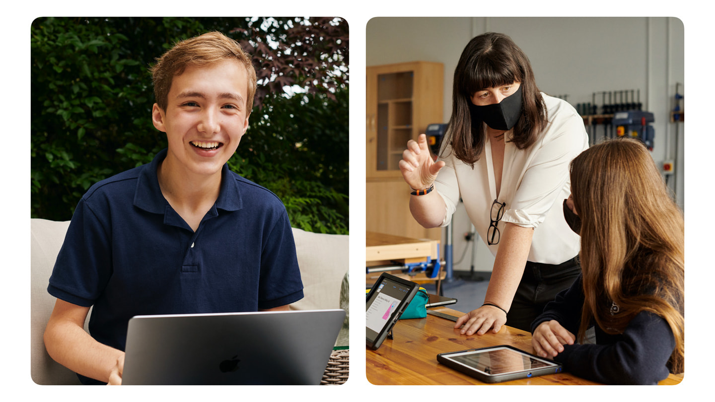 Die App Entwickler:innen Ben Robinson und Lyndsey Balfe in einem Klassenzimmer.
