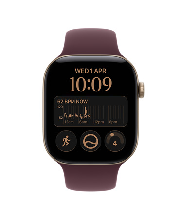 Apple Watch Series 12, aluminium case, light gold colour, Siri Modular watch face, complications: heart rate, Run workout, readiness, Sport Band, burgundy colour