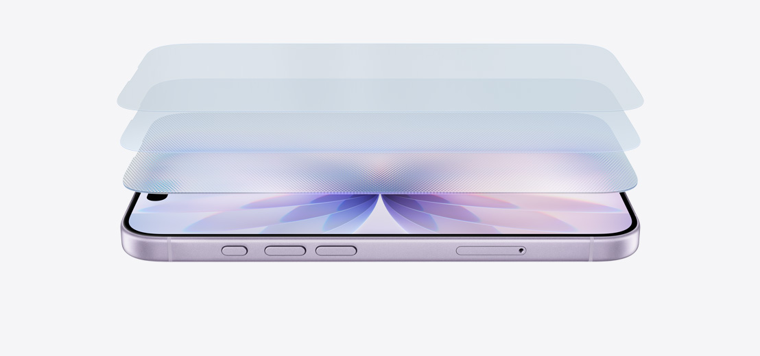 iPhone 17 horizontal on its side in Lavender finish, with a layered design showcasing Ceramic Shield 2