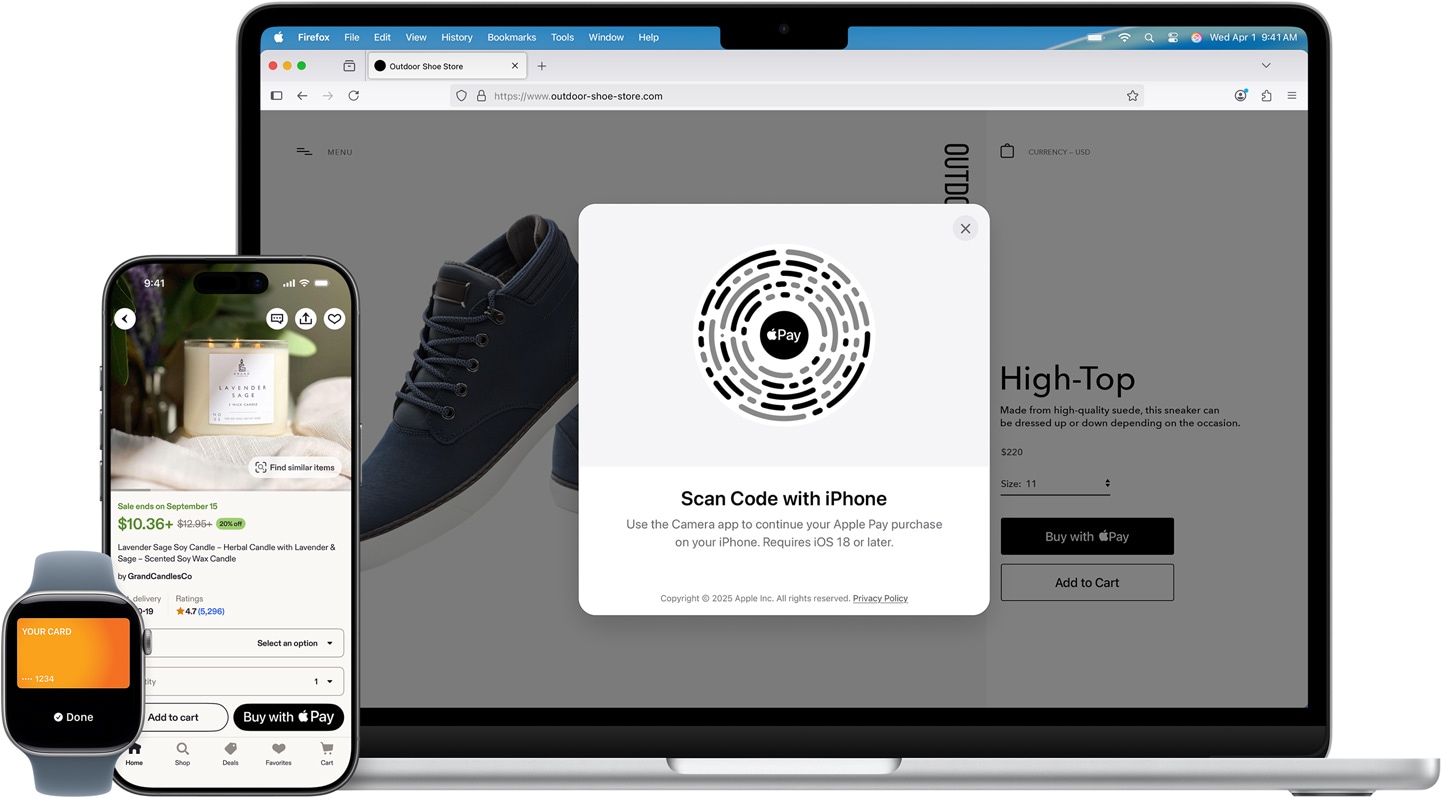 Apple Watch, iPhone i MacBook ustawione obok siebie. Apple Watch wyświetlający kartę kredytową American Express. iPhone pokazujący stronę produktu Etsy ze świecą i opcją płatności za pomocą Apple Pay. MacBook wyświetlający stronę produktu w witrynie internetowej sklepu obuwniczego sprzedającego obuwie outdoorowe. Widoczna nakładka Apple Pay z kodem QR zachęcającym płacącego do dokończenia zakupu za pomocą iPhone’a.