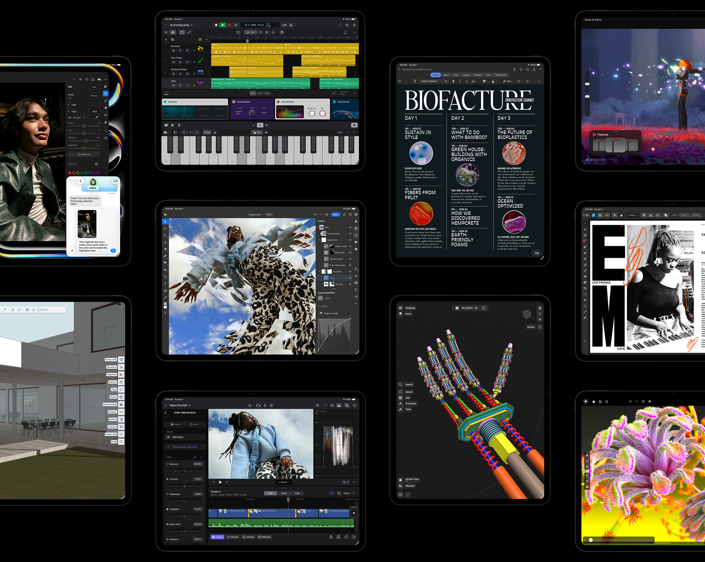 Dziesięć wyświetlaczy iPada Pro prezentujących interfejs iPadOS i różne apki z otwartymi projektami kreatywnymi, w tym Logic Pro, Adobe Lightroom, Adobe Photoshop, Trimble SketchUp, Microsoft Word, Procreate Dreams, Affinity Designer 2 i Shapr3D