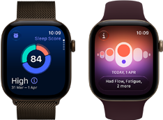 Două dispozitive Apple Watch Series 12, carcasă din aluminiu Bronz închis, grafic circular cu scorul de somn, Digital Crown, brățară Milanese Bronz închis, carcasă din aluminiu Auriu deschis, Urmărire ciclu, curea Sport Roșu burgund