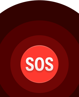 Pictograma S.O.S. urgențe, cercuri roșii concentrice cu un S.O.S. alb în centru