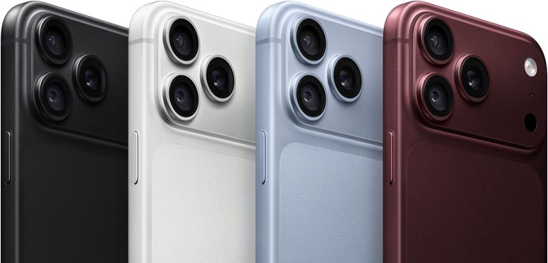 Modele iPhone 18 Pro aliniate, exterior spate, toate cele patru culori: Negru, Ghețar, Argintiu, Roșu burgund, sistem de camere Pro Fusion în colțul din stânga sus, 3 obiective, microfon, bliț