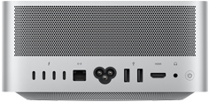 Mac Studio, vedere spate, aerisire din aluminiu perforat, patru porturi Thunderbolt 5, un port Ethernet, o priză de alimentare, două porturi USB-A, un port HDMI, o mufă pentru căști și buton de pornire