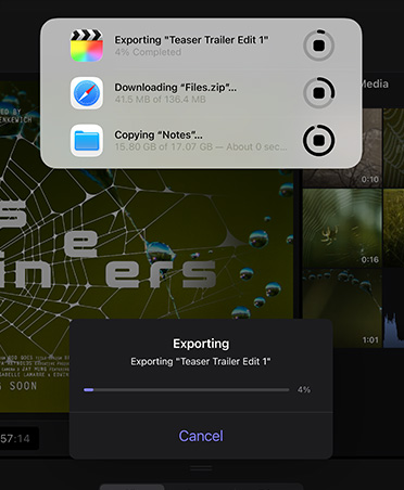 Background tasks notification showing progress of video export, file download and moving notes to backup