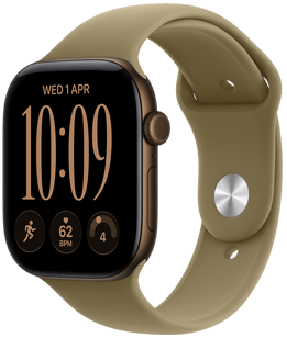 Apple Watch Series 12, aluminum case, dark bronze color, right side exterior, Digital Crown dial, microphone, side button, connected to Sport Band, olive color (earthy green), pin-and-tuck closure (silver pin)