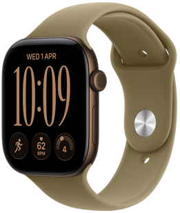 Apple Watch Series 12, aluminum case, dark bronze color, Modular Compact watch face, complications: day and date, Run workout, heart rate, readiness, right side exterior, Digital Crown, side button, Sport Band, olive color