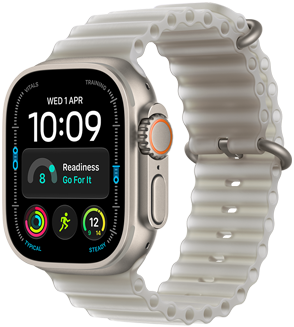 Apple Watch Ultra 4, titanium case, natural color, Modular watch face, complications: day and date, readiness, heart rate, Run workout, Weather, right side exterior, Digital Crown, raised side button, Ocean Band, translucent gray color