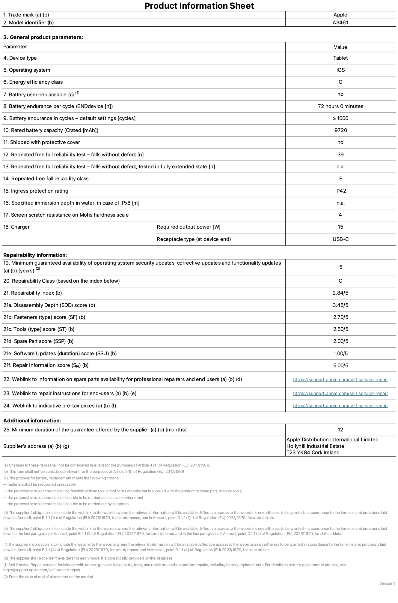 Product information sheet for 13-inch iPad Air Wi-Fi, model A3461. Supplied by Apple Distribution International Limited, Hollyhill Industrial Estate. Cork, Ireland, T23 YK84. Device type: tablet. Operating system: iOS. Energy efficiency class: G. Battery user-replaceable: no. Battery endurance per cycle: 72 hours. Battery endurance in cycles - default settings: greater than or equal to 1,000. Rated battery capacity: 9720 milliampere-hours. Shipped with protective cover: no. Repeated free fall reliability test - falls without defect: greater than or equal to 39. Repeated free fall reliability test - falls without defect tested in fully extended state: not applicable. Repeated free fall in reliability class: E. Ingress protection rating: IP42. Specified immersion depth in water, in case of iPx8: not applicable. Screen scratch resistance on Mohs hardness scale: 4. Charger required output power: 15 watts. Charger receptacle type (at device end): USB-C. Minimum guaranteed availability of operating system security updates, corrective updates and functionality updates: 5 years. Repairability class: C. Repairability index: 2.84/5. Disassembly Depth (SDD) score: 3.45/5. Fasteners score: 2.70/5. Tools score: 2.50/5. Spare part score: 2.00/5. Software updates score: 1.00/5. Repair information score: 5.00/5. Weblink to information on spare parts availability for professional repairers and end-users: https://support.apple.com/self-service-repair. Weblink to repair instructions for end-users: https://support.apple.com/self-service-repair. Weblink to indicative pre-tax prices: https://support.apple.com/self-service-repair. 12 month general guarantee offered.