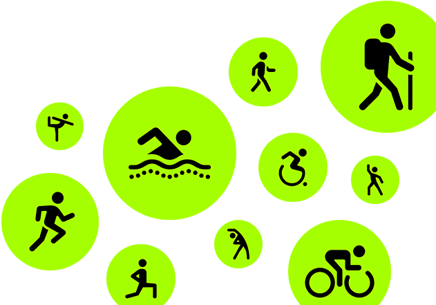 Ikony apky Tréning, animovaní panáčikovia bežia, kráčajú, plávajú, používajú vozík, sú na túre, bicyklujú, robia výpad, tancujú, naťahujú sa a cvičia jogu