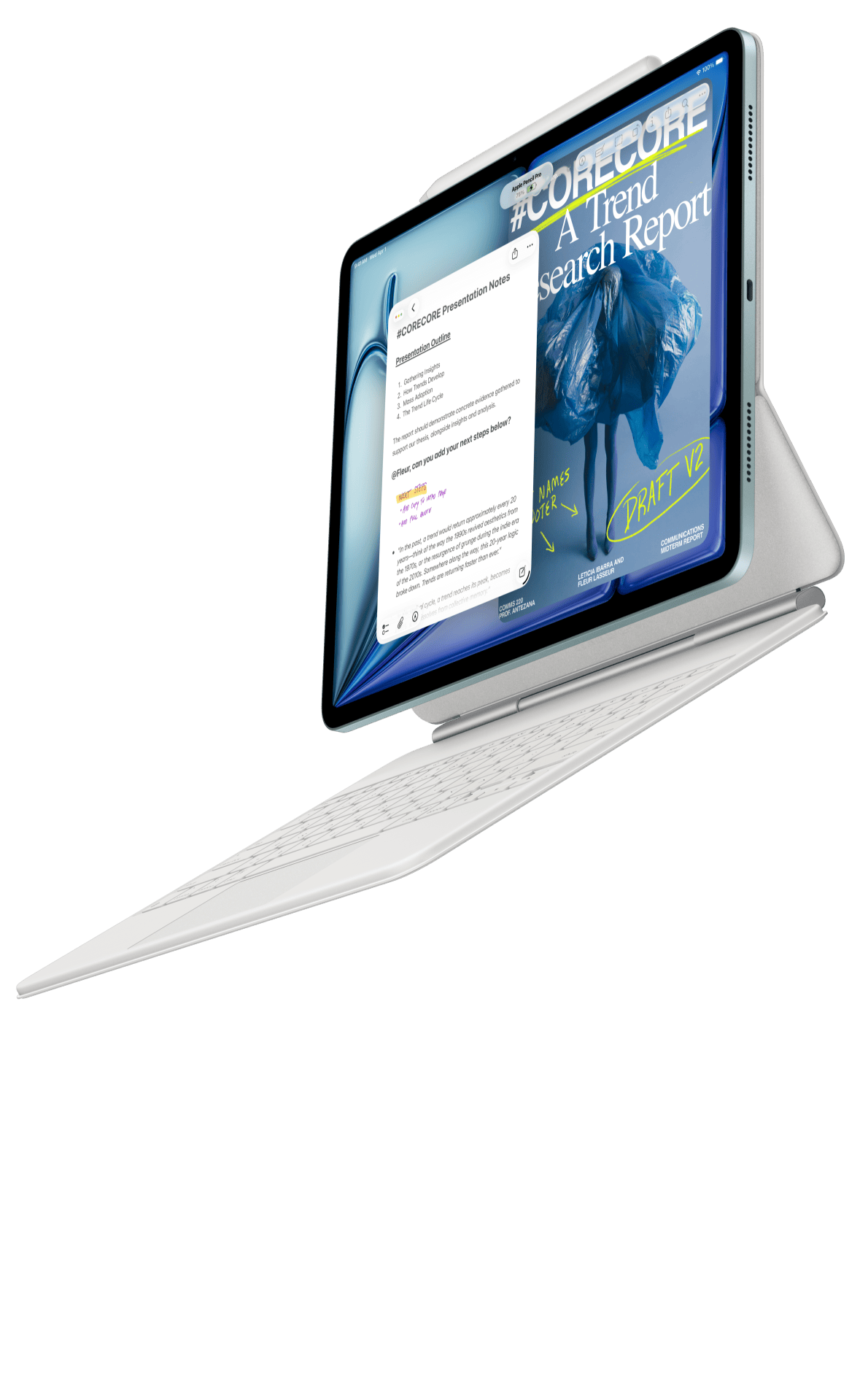 iPad Air s pricvaknutou klávesnicou Magic Keyboard k iPadu Air a ceruzkou Apple Pencil Pro