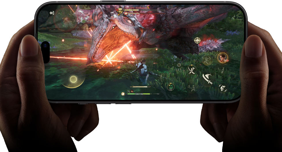 Pohľad spredu na iPhone 18 Pro, na displeji vidno výkon čipu A20 Pro na scéne z hry Monster Hunter Outlanders