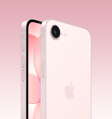 Predná a zadná strana iPhonu 17e vo svetloružovej farbe, vidno čiastočne obrazovku, celú zadnú stranu s logom Apple a jednu kameru, naboku vidno akčné tlačidlo a tlačidlá na ovládanie hlasitosti.