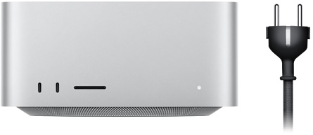 Mac Studio, vedere frontală, două porturi USB-C, slot card SDXC, indicator luminos de stare, bază conică în partea de jos, suprafață plată în partea de sus, laturi rotunjite, margini drepte, culoare Argintiu.