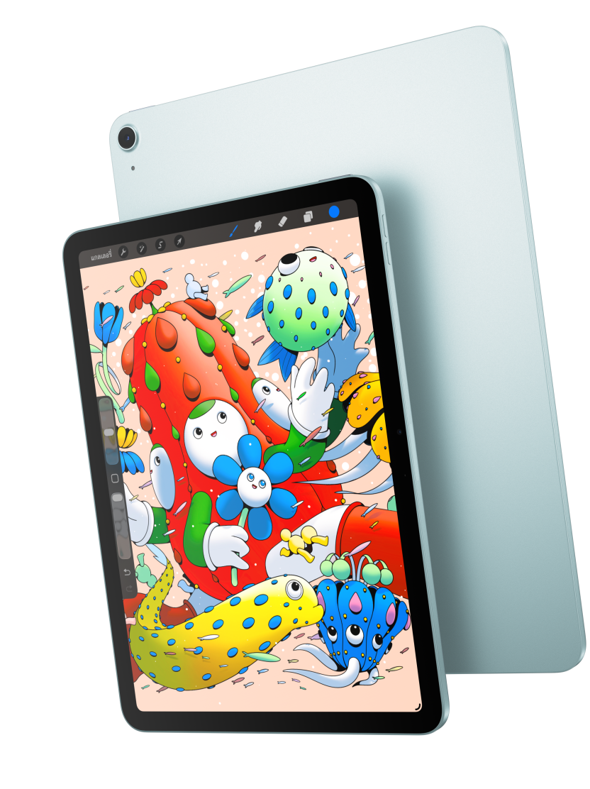 Front exterior, iPad Air showcasing the 11 inch model displaying Procreate and overlapping the back exterior of a blue iPad Air