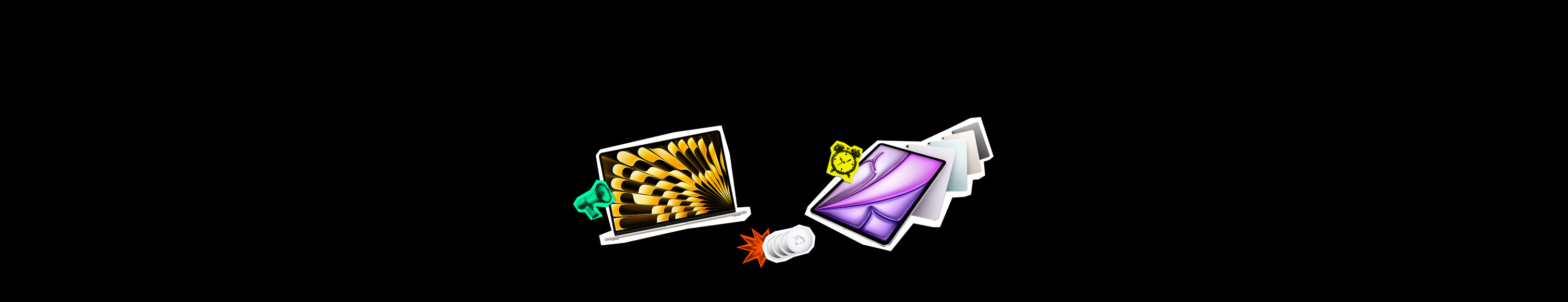 MacBook, ekranda altın rengi ve siyah bir tasarım gösteriliyor, megafon emoji çıkartması, Apple Hediye Kartı, dikdörtgen, ortada renkli Apple logosu, dinamit emoji çıkartması, birden fazla renkte iPad modelleri, dikey olarak üst üste yerleştirilmiş, saat emoji çıkartması