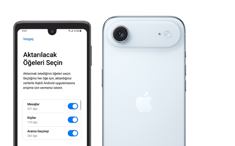 Yan yana duran Android telefon ve iPhone ekranlarında iOS’e Taşı Uygulaması görünüyor,plato alanında fusion kamera sistemi, kamera flaş