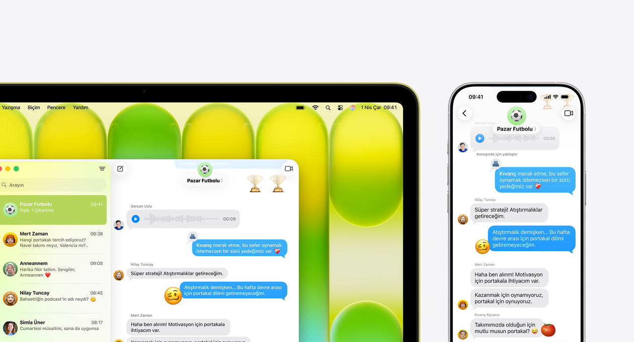 Ekranında devam eden bir telefon görüşmesi ile Mesajlar uygulaması üzerinden grup yürüyüşü planlamasının yapıldığı bir mesajlaşmanın gösterildiği MacBook Neo, yanında duran iPhone’da da Mesajlar uygulaması üzerinden aynı sohbetin açık olduğu görünüyor