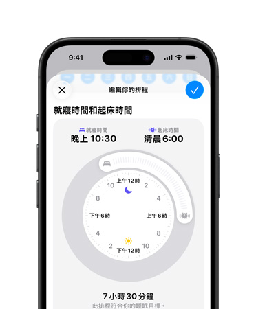 iPhone 健康 app 開啟睡眠排程，就寢時間設為晚上 10:30，起床時間設為清晨 6:00，畫面中間顯示同心圓時間刻度盤，已達成 7 小時 30 分鐘的睡眠目標