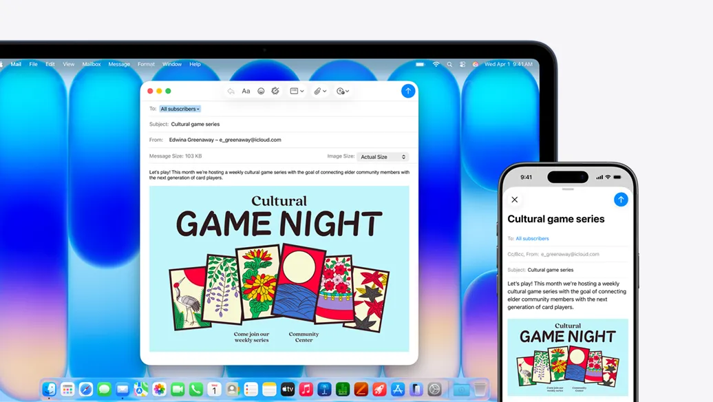 靛青色 MacBook Neo 放置在 iPhone 旁邊，兩部裝置的螢幕上顯示同一封電子郵件，內容是社區中心舉辦活動的通知