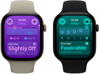 Два пристрої Apple Watch Series 12: алюмінієвий корпус світло-золотистого кольору, денні показники дещо відхиляються від норми, коронка Digital Crown, спортивний ремінець пісочного кольору, алюмінієвий корпус чорного кольору, нічні показники в нормі, коронка Digital Crown, чорний спортивний ремінець