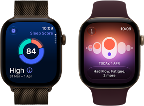 Два пристрої Apple Watch Series 12: алюмінієвий корпус темно-бронзового кольору, кругова діаграма оцінки сну, коронка Digital Crown, міланський сітчастий браслет темно-бронзового кольору, алюмінієвий корпус світло-золотистого кольору, додаток «Відстеження циклу», спортивний ремінець бордового кольору