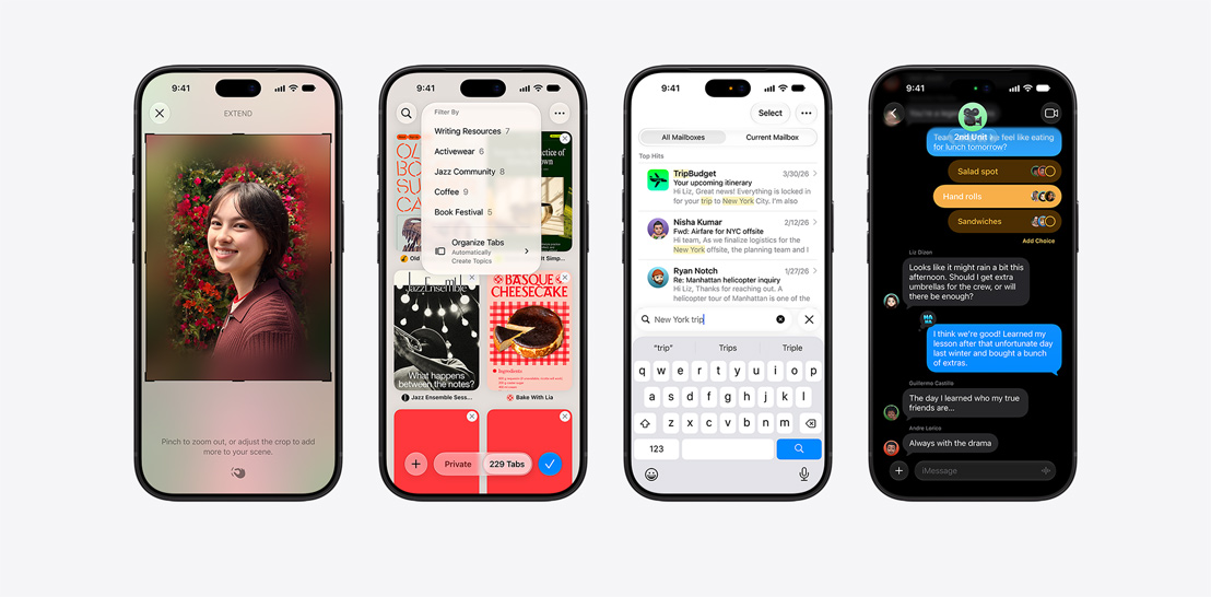 Багато пристроїв iPhone 17 і 17 Pro, на кожному екрані демонструються функції iOS 26 та Apple Intelligence