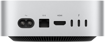 Mac mini, вид ззаду, порт живлення, порт Ethernet, порт HDMI, три порти Thunderbolt