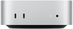 Mac mini, передня панель, два порти Thunderbolt, індикатор стану та порт для навушників, чорна звужена основа знизу, пласка верхня частина, заокруглені сторони, прямі краї, сріблястий колір