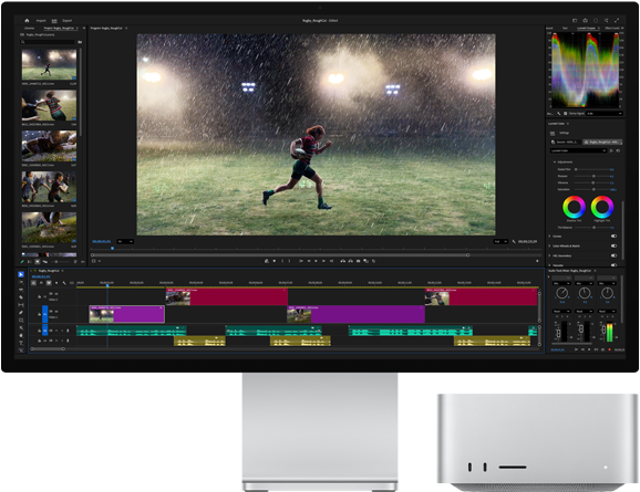 Studio Display XDR з підставкою, Mac Studio ідеально розташовано під дисплеєм, на екрані відображається робочий процес із використанням інструментів для монтажу відео та корекції кольору