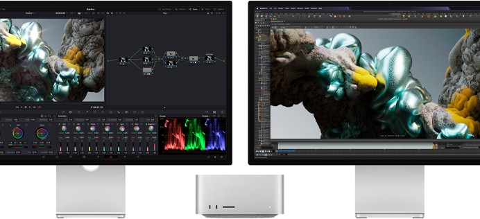 Монітори Studio Display і Studio Display XDR, по одному з кожного боку Mac Studio, відображають робочий простір митця, програмні засоби й інструменти для 3D-моделювання