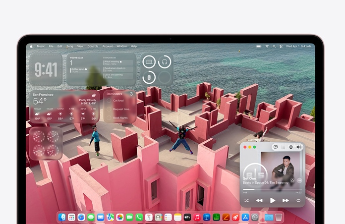 Екран MacBook Neo, налаштований із фоном робочого столу у вигляді тераси на даху з видом на море та різними віджетами, як-от «Музика», «Календар», «Погода» та «Нагадування»